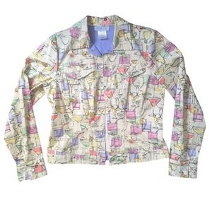 Vintage 90s Maximalism Art Deco Cocktail Print Button Up Pale Yellow Jacket